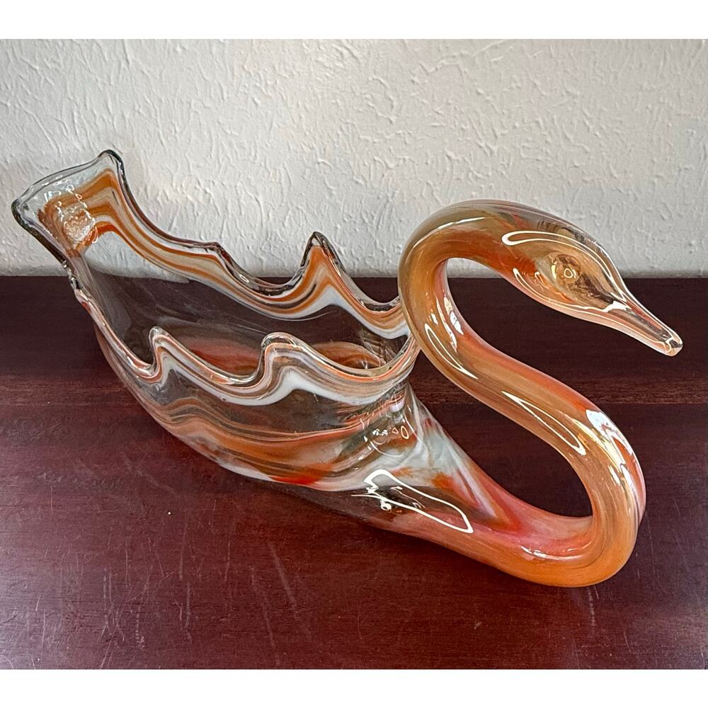 Orange Art Glass Swan Bowl Murano Style Handblown 1970s Decor